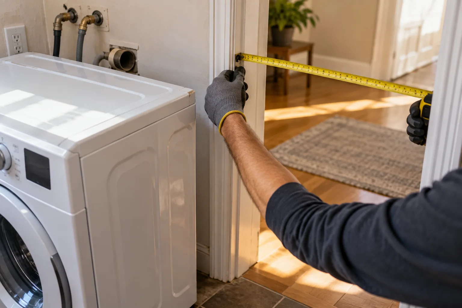 Worker measuring a doorway beside a washing machine