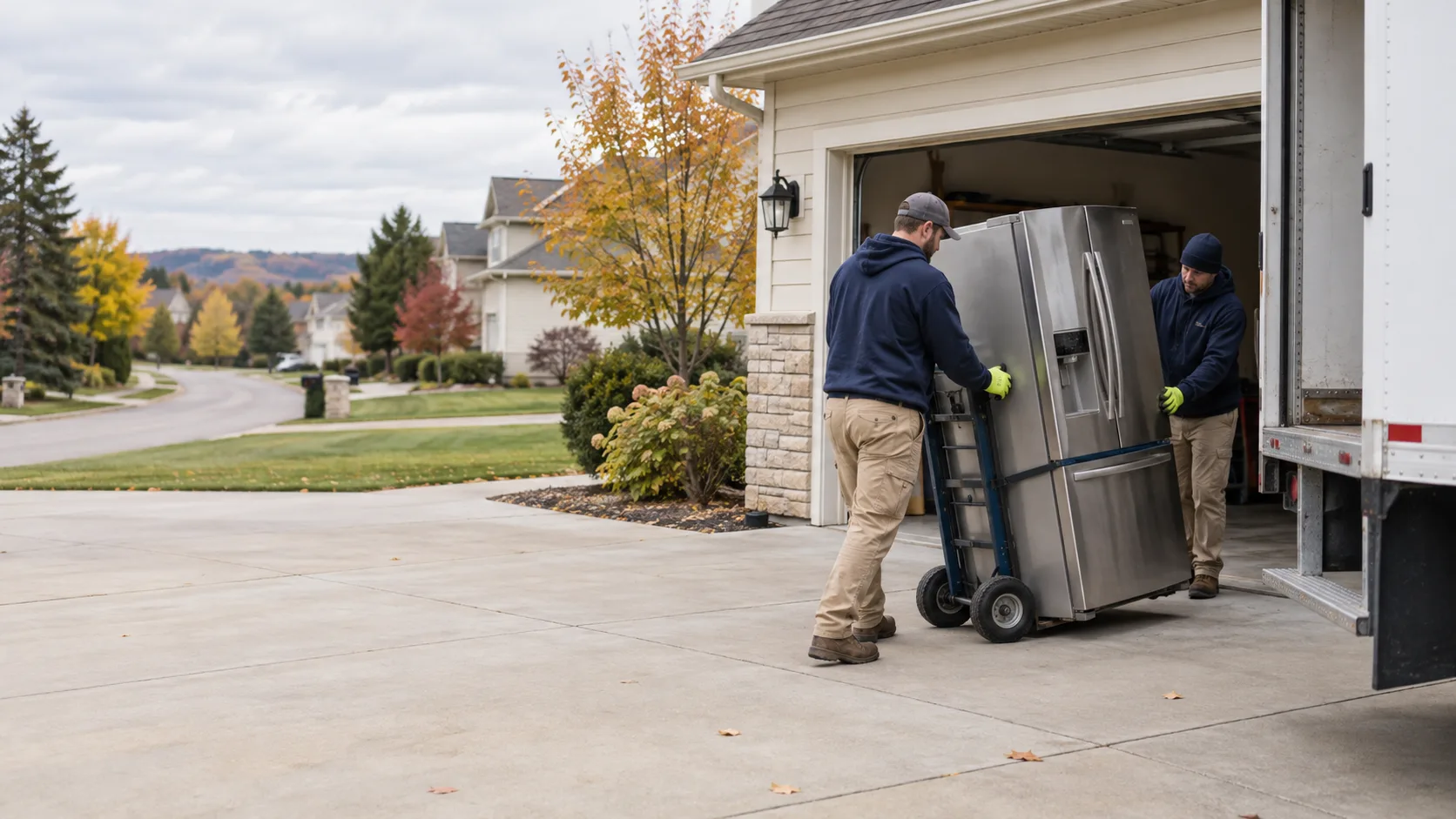 Workers moving a refrigerator on an appliance dolly toward a truck